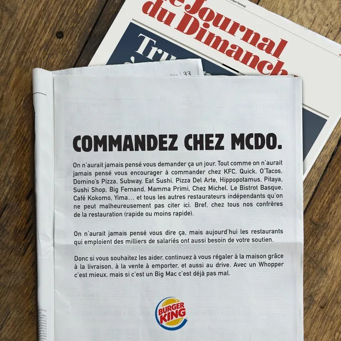 Burger King lance un appel solidaire pour tous ses confrères de la restauration… Et son grand copain Mac Donald.
